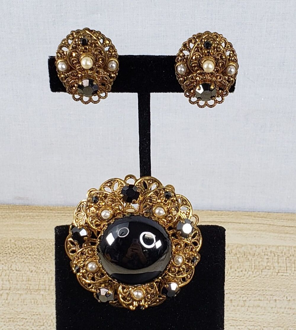 Vtg West Germany Filigree Hematite Glass and Rhinestone Clip-On Earring & Brooch